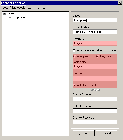 Connect To Server dialogue - registered players