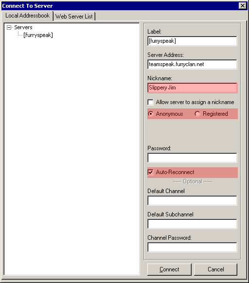 Connect To Server dialogue